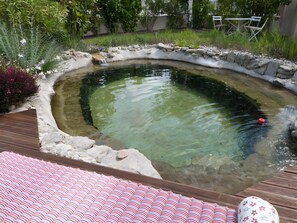 Ein runder Whirlpool, umgeben von einer Steinkante, mit einem Holzboden im Vordergrund.