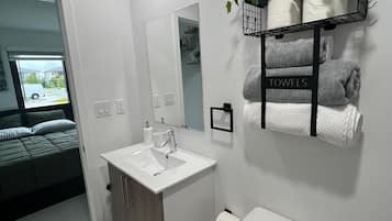 Shower, hair dryer, towels, soap