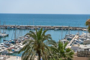 Un puerto deportivo con barcos amarrados, un muelle y palmeras.