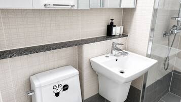 Shower, free toiletries, hair dryer, slippers