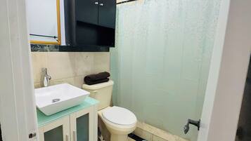 Hair dryer, towels, soap, toilet paper