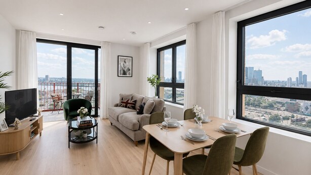 A modern living room with a dining area, large windows with city views, and a balcony with a view. - Stylish Greenwich flat near The O2 with Balcony & Wi-Fi (London)