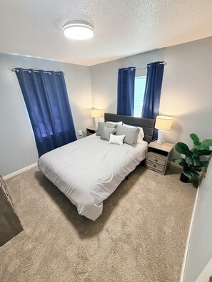 A bedroom with a bed, nightstands, a lamp, curtains, and a plant.