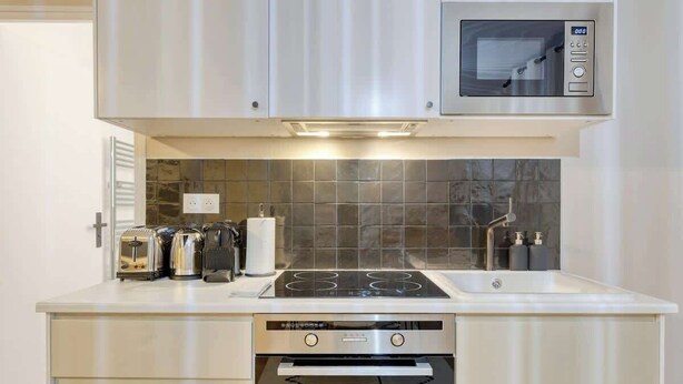 A modern kitchen with stainless steel appliances, a built-in oven, and a microwave. - Spacious apartment 8PAX in the center (Paris)