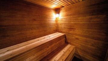 Een sauna met houten wanden en banken.