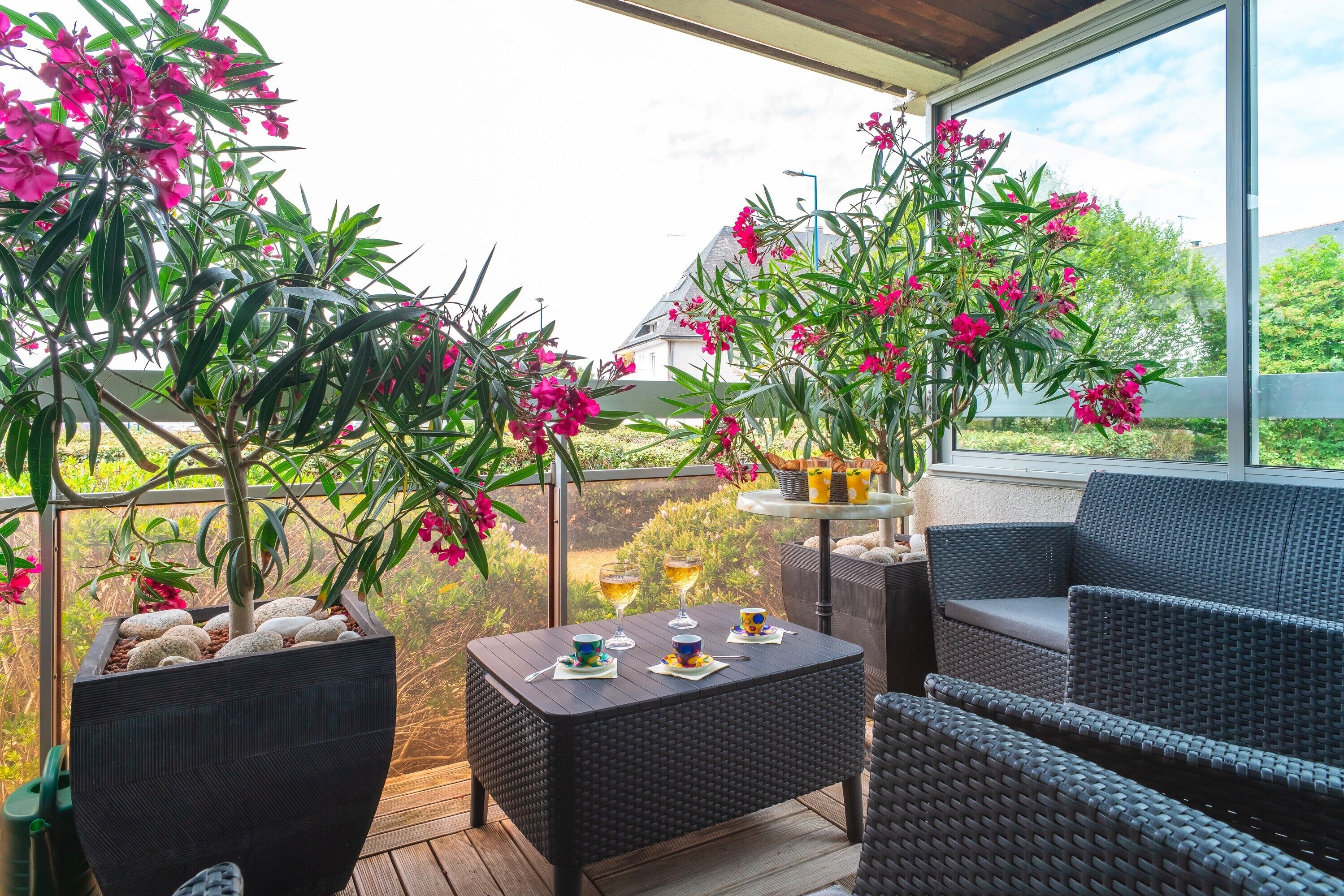 Un espace extérieur aménagé, abrité et doté de mobilier en osier, d’une table avec des boissons et de plantes en fleurs.