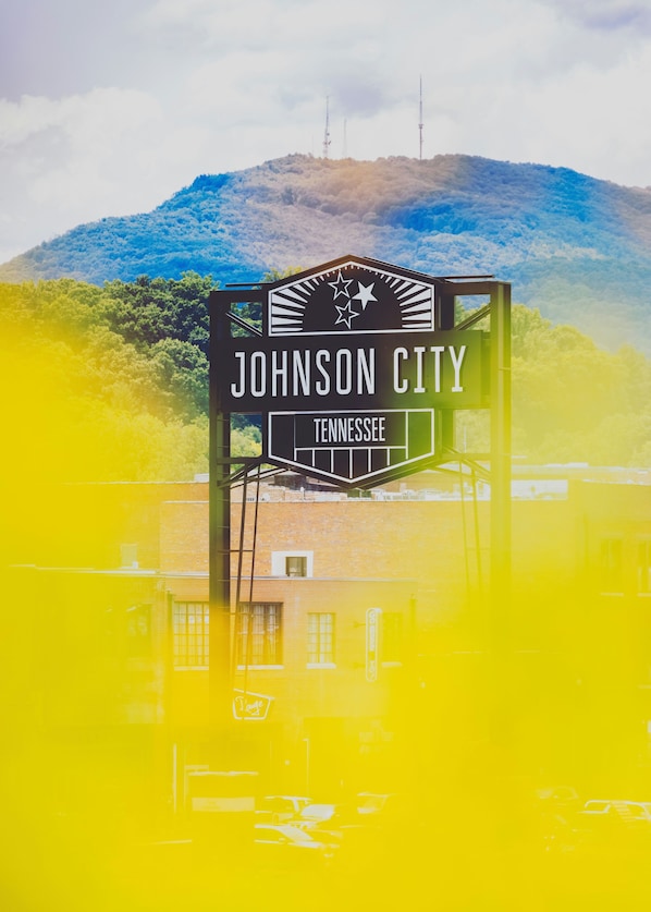 A sign for Johnson City, Tennessee, with a mountainous backdrop.