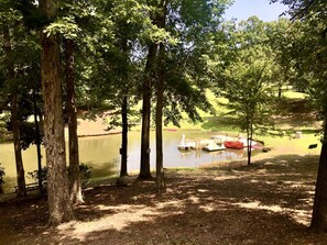 Un cadre paisible au bord d’un lac, avec des arbres, une jetée et des bateaux.