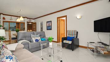 A living room with a sofa, a chair, a coffee table, and a TV.