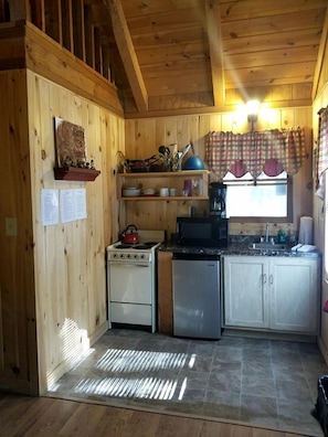 A compact kitchen with wooden walls, a stove, a microwave, and a refrigerator.