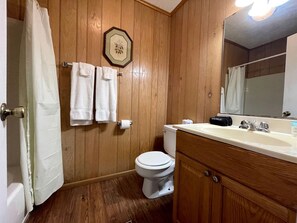 Een badkamer met houten lambrisering, een toilet, een wastafel en een spiegel.