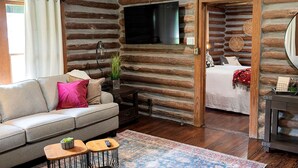 Interior de una cabaña de troncos con un sofá, una cama, un televisor y una mesita con una planta.
