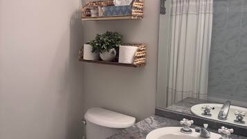 Hair dryer, towels, soap, shampoo