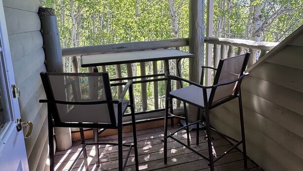 Un espace extérieur abrité, équipé d’une table et de chaises, d’une porte et offrant une vue sur les arbres.