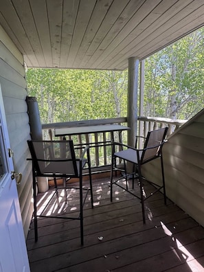 A covered outdoor area with a table and chairs, a door, and a view of trees.