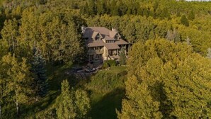 Une grande maison à étages, entourée d’une forêt dense.