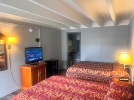 Habitación de hotel con dos camas, televisión, escritorio y armario.