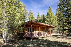 Eine Holzhütte mit Veranda, umgeben von hohen Kiefern.