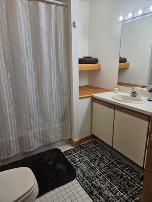 Ein Badezimmer mit Duschvorhang, Waschbecken, Spiegel, Handtuchhalter und Teppich.