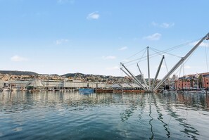 A waterfront view with a modern bridge structure, boats, and a cityscape in the background.