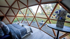 A geodesic dome room with a bed, a small table, and a view of a grassy area.