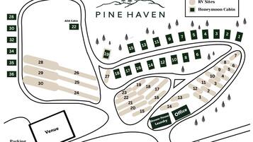 A Pine Haven campground layout with numbered RV sites, a designated ADA cabin, a shower house, and an office.