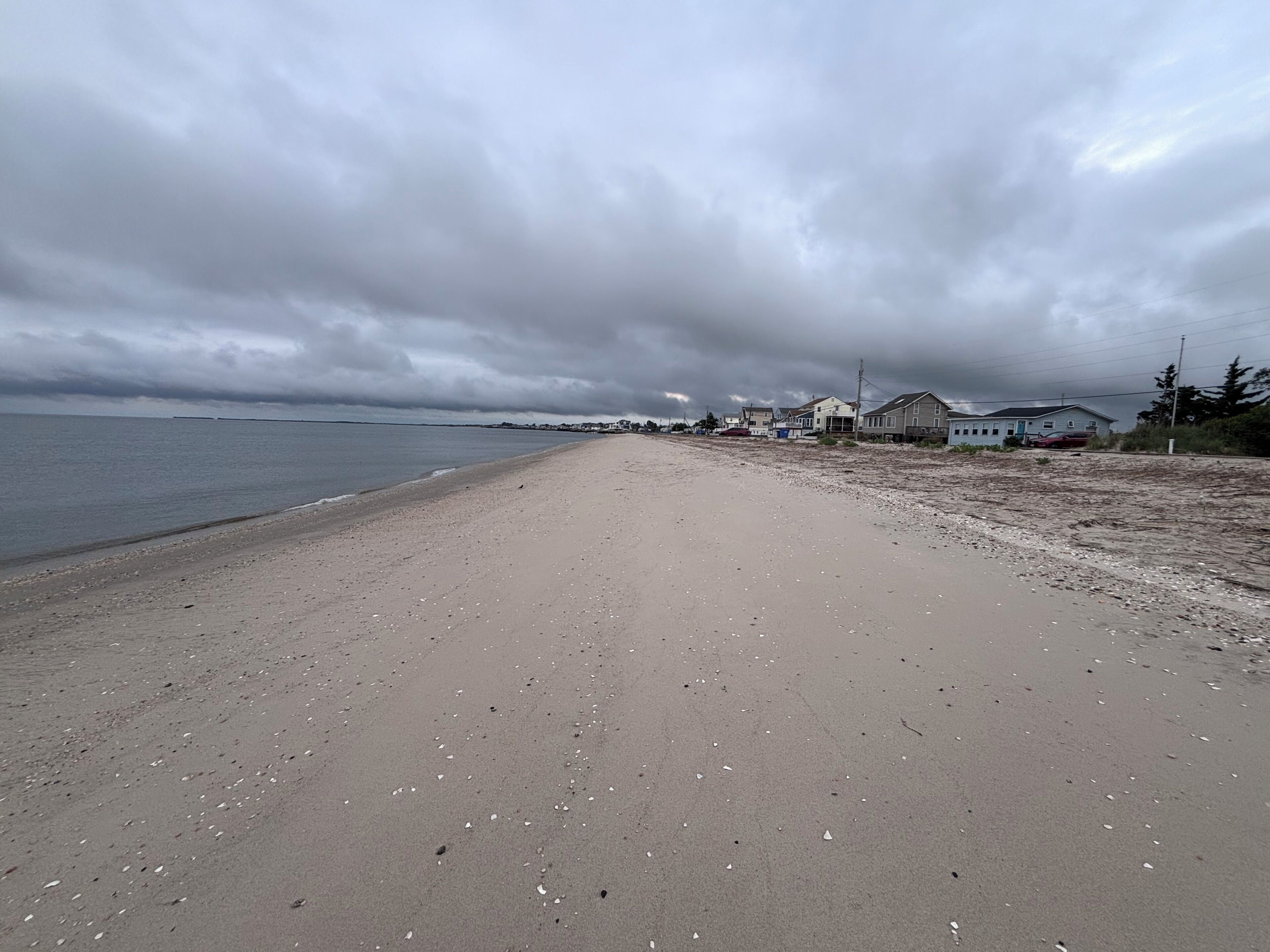 Una playa con orilla arenosa, algunas casas dispersas y un cielo nublado.
