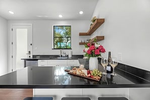 Coffee/tea maker, fridge, microwave, stovetop - Modern Farmhouse Tiny Home Resort with Goats & Pool near Houston, Hempstead Texas (Hempstead)