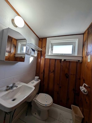 Ein Badezimmer mit einem weißen Waschbecken, einer Toilette und einem Fenster über der Toilette.