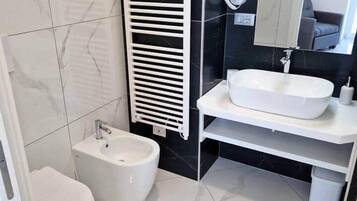 Shower, hair dryer, bidet, towels