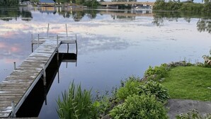 A calm lake with a wooden dock extending into the water, surrounded by greenery and a stone wall. - Stone Cottage on Oneida Lake (Brewerton)