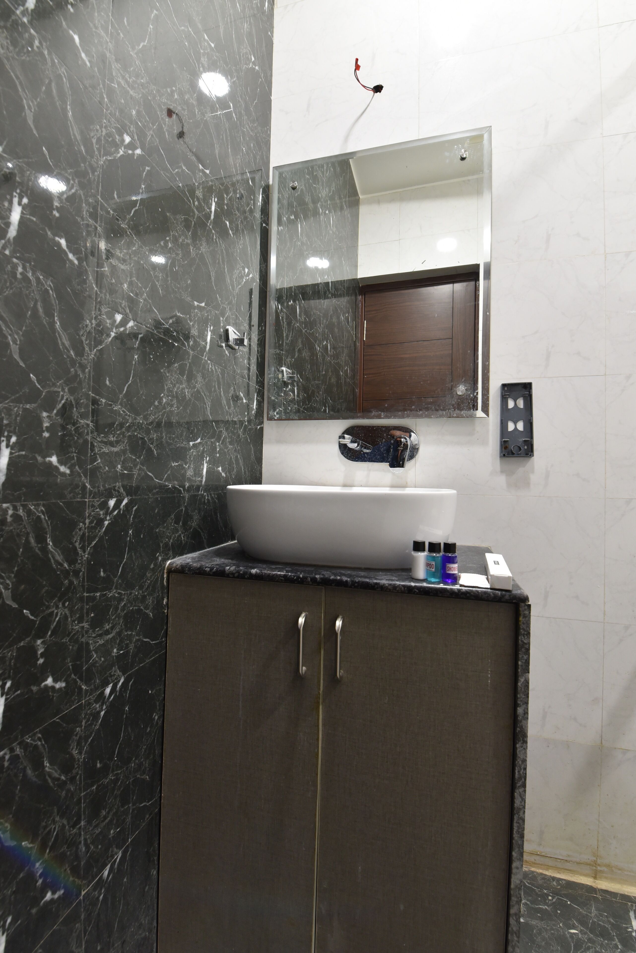 Separate bathtub and shower, towels, soap, shampoo