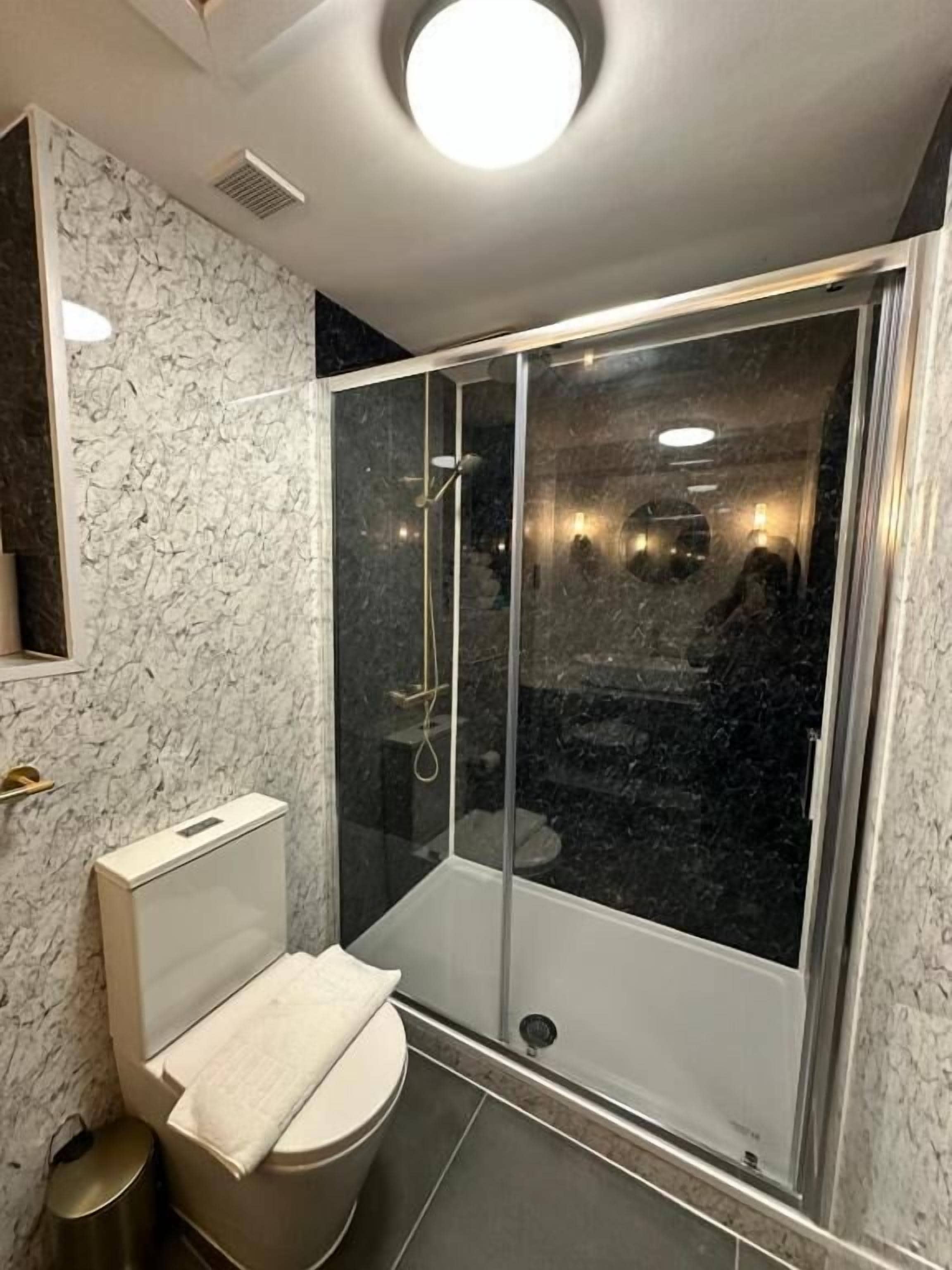 A modern bathroom with a glass-enclosed shower, a toilet, and a marble wall.