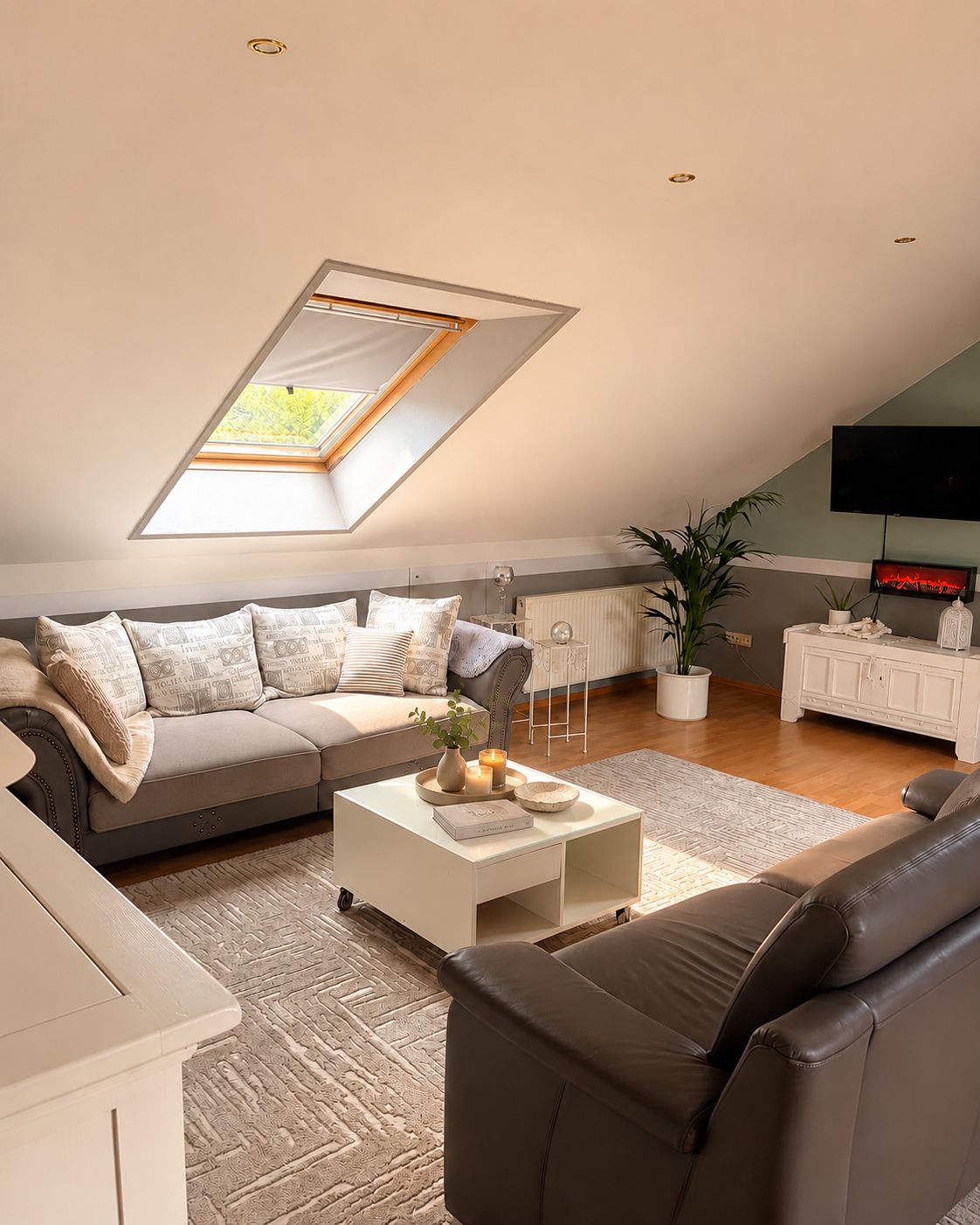 Una sala de estar moderna con techo inclinado, un sofá modular, una mesa de centro y un televisor.