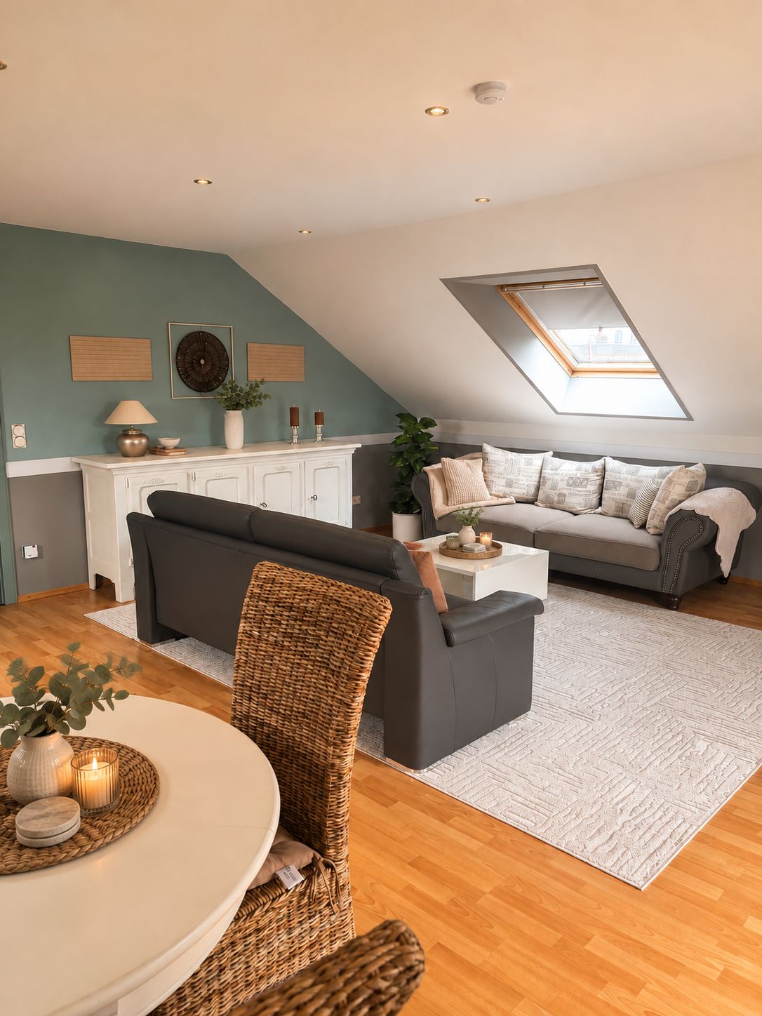 Ein modernes Loft mit Essbereich, Wohnzimmer mit Sofa und Couchtisch, Küche mit weißem Schrank und einem Dachfenster.