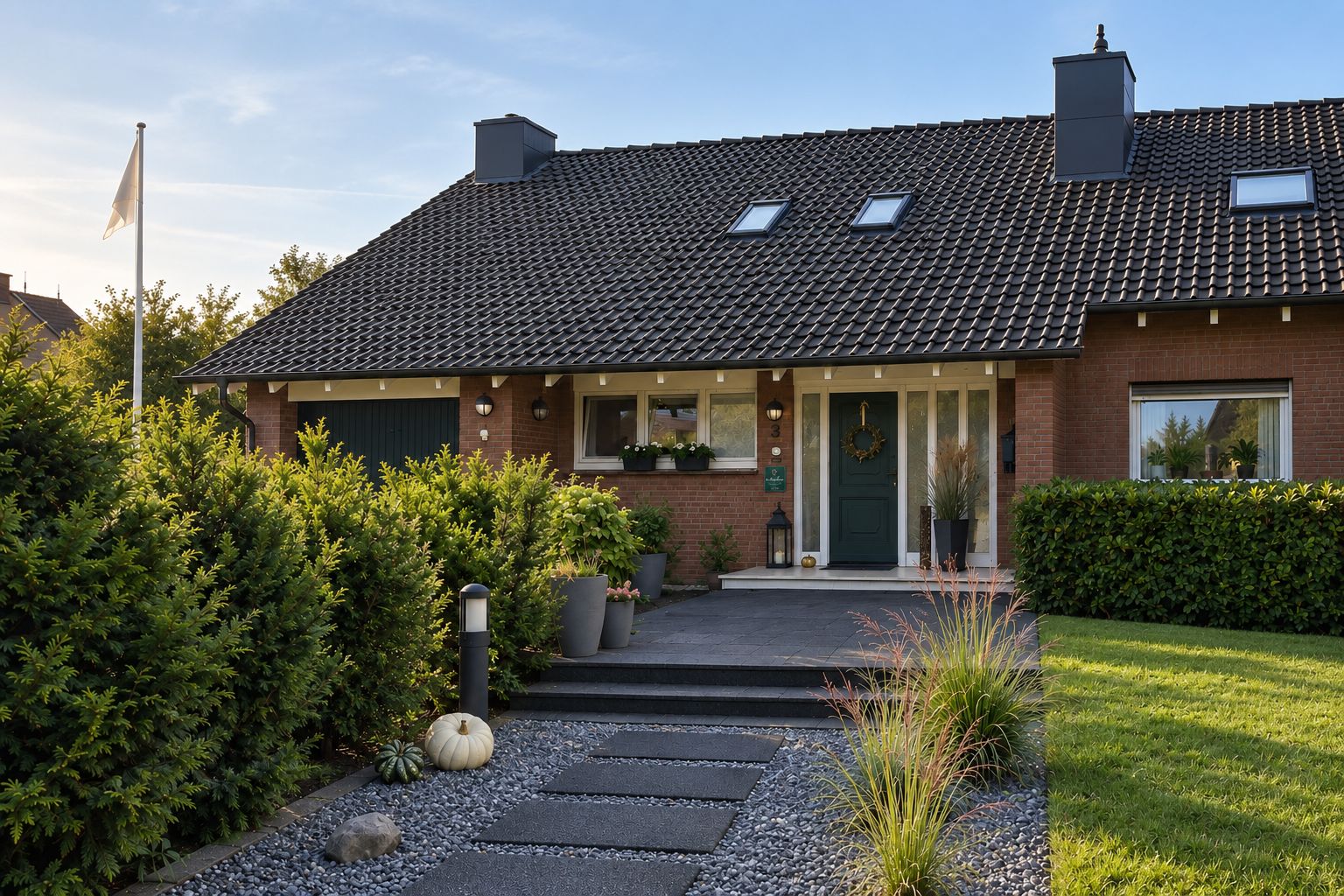 A two-story house with a tiled roof, a front porch, and a well-maintained garden.