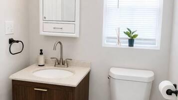 Hair dryer, towels, soap, shampoo