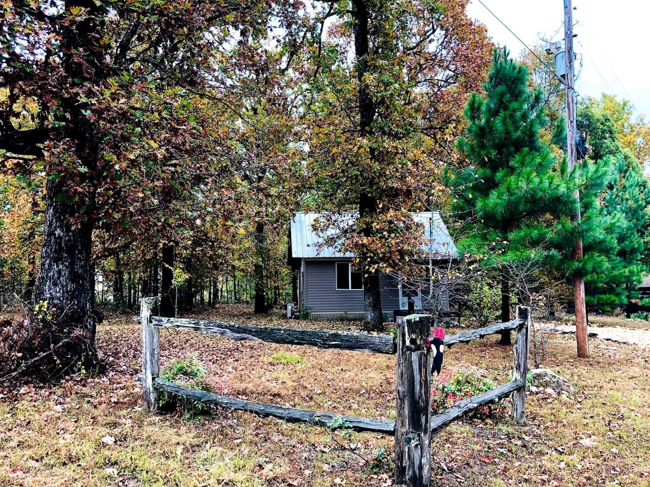 A rustic cabin surrounded by trees, a wooden fence, and a utility pole.