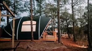 A forested area with a large, black, tent-like structure with a wooden deck and a single window.
