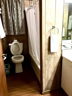 A bathroom with a toilet, a shower curtain, a towel ring, and a mirror. - Spacious Triplex Cabin with Lake View & Fishing Pier, Shared Outdoor Deck, Near Zwolle, LA (Zwolle)