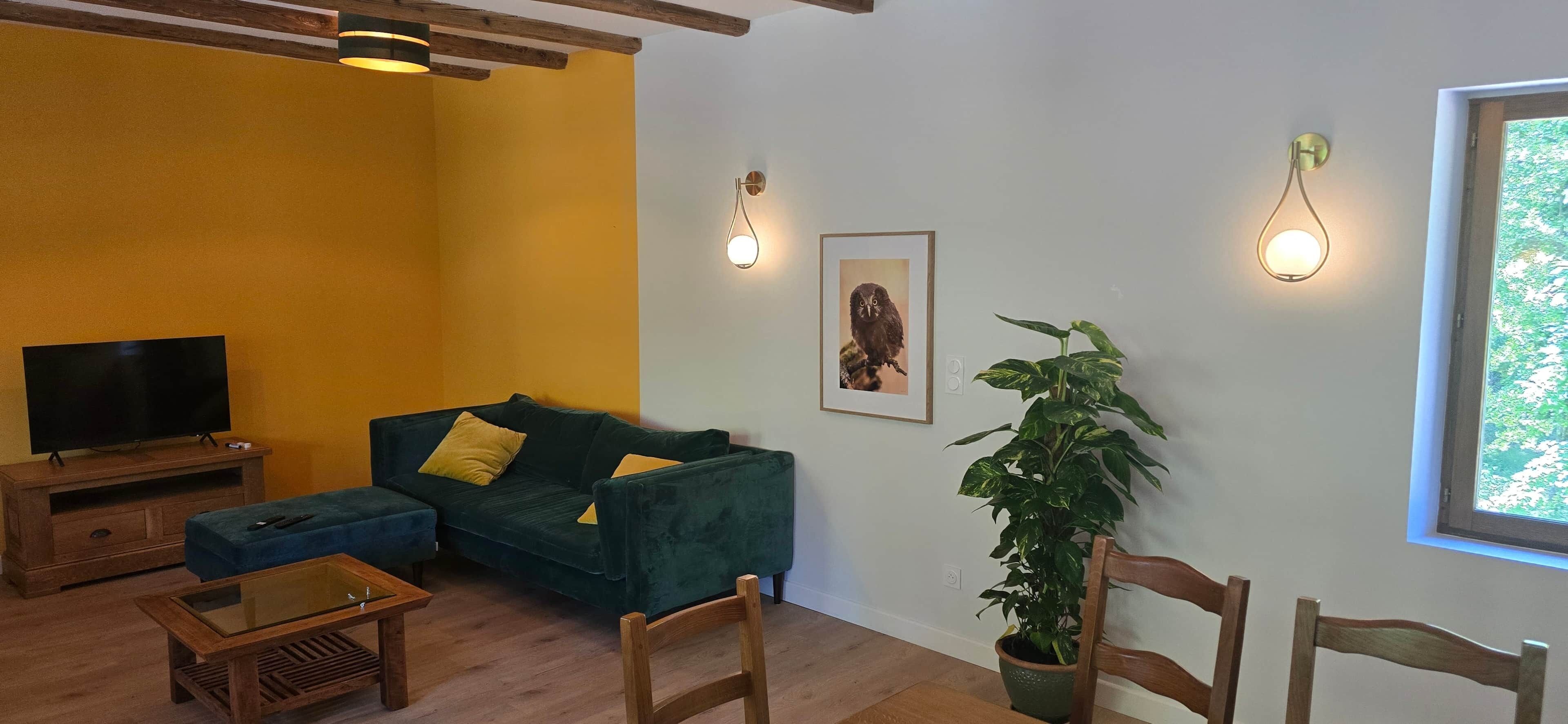 Uma sala de estar com sofá, televisão, mesa de centro e um vaso de planta.