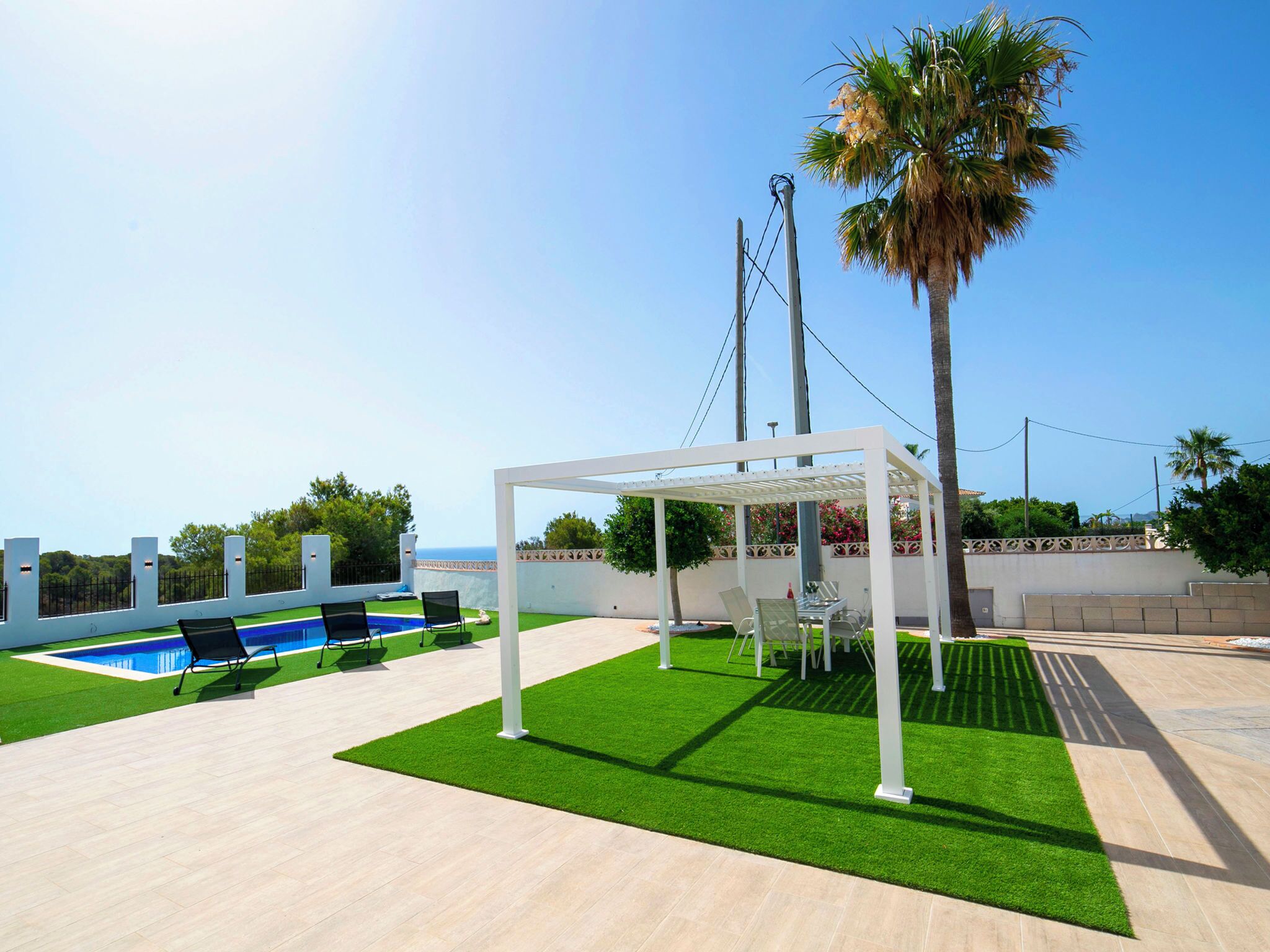 A rooftop pool area with artificial grass, a pergola, and a palm tree.