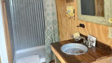 Hair dryer, towels, soap, shampoo