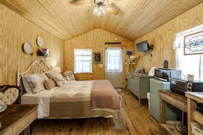Een knus ingerichte kamer met een bed, bureau, televisie en kitchenette.