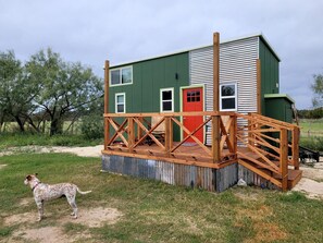 Un edificio verde con una puerta roja, una terraza de madera y un perro al frente.