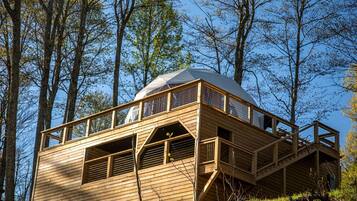 A wooden cabin with a dome roof, surrounded by trees.