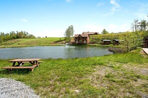A lakeside property with a picnic table, a house, and a small dock. - Incredible Waterfront Cabin for a Peaceful Family Getaway near Purlear, North Carolina (Purlear)