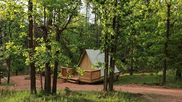 Un terrain de camping boisé avec une seule tente et une terrasse en bois.