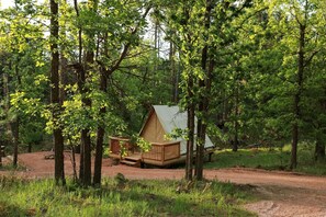 A forested campsite with a single tent and a wooden deck. - Off-Grid A-Frame Tent with Stargazing & Nature Escape in Hermosa, South Dakota (Hermosa)