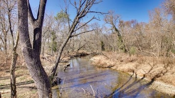 A natural landscape with a river, trees, and a clear sky.